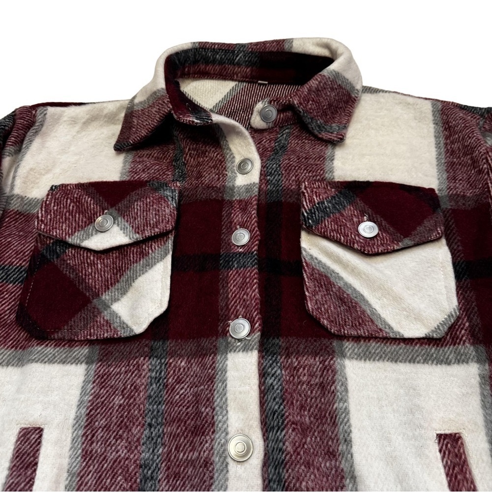 Flannel Shirt Jacket Shacket Coat Size XS Plaid Red White Black Cream Pockets - Picture 9 of 15